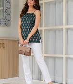Womens teal self design cotton fabric kurtis sleeveless square neck