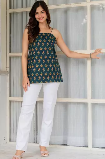 Womens teal self design cotton fabric kurtis sleeveless square neck