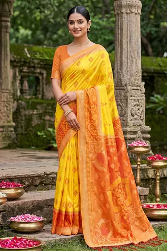 yellow pochampalli silk blend saree 