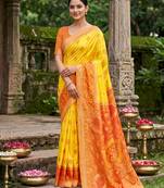 yellow pochampalli silk blend saree 