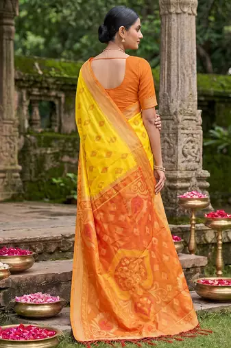 yellow pochampalli silk blend saree 