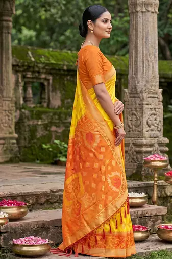 yellow pochampalli silk blend saree 