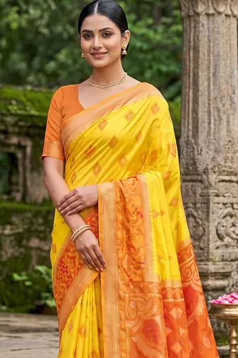 yellow pochampalli silk blend saree 
