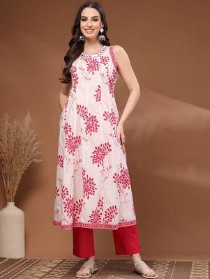 Womens pink self design cotton fabric kurta set sleeveless round neck 1