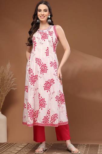 Womens pink self design cotton fabric kurta set sleeveless round neck