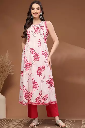 Womens pink self design cotton fabric kurta set sleeveless round neck