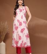 Womens pink self design cotton fabric kurta set sleeveless round neck