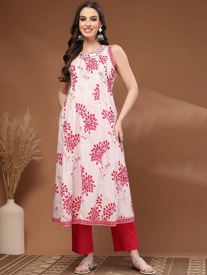 Womens pink self design cotton fabric kurta set sleeveless round neck