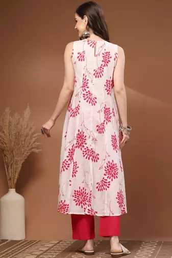 Womens pink self design cotton fabric kurta set sleeveless round neck