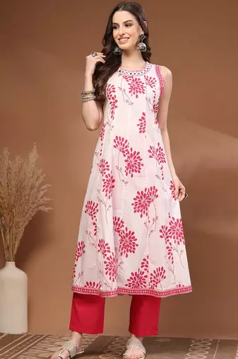 Womens pink self design cotton fabric kurta set sleeveless round neck