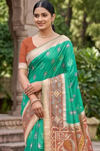 green pochampalli silk blend saree 