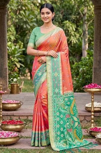 orange pochampalli silk blend saree 