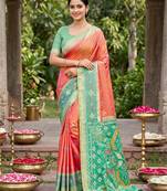orange pochampalli silk blend saree 