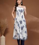 Womens white self design cotton fabric kurta set sleeveless round neck