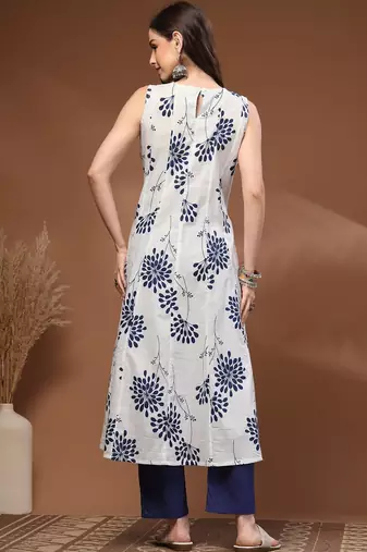 Womens white self design cotton fabric kurta set sleeveless round neck