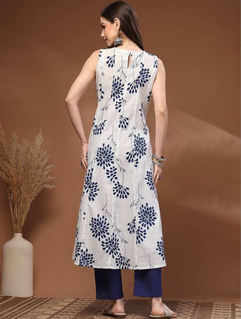 Womens white self design cotton fabric kurta set sleeveless round neck