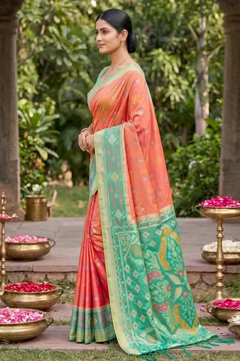 orange pochampalli silk blend saree 