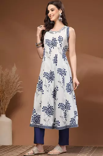 Womens white self design cotton fabric kurta set sleeveless round neck
