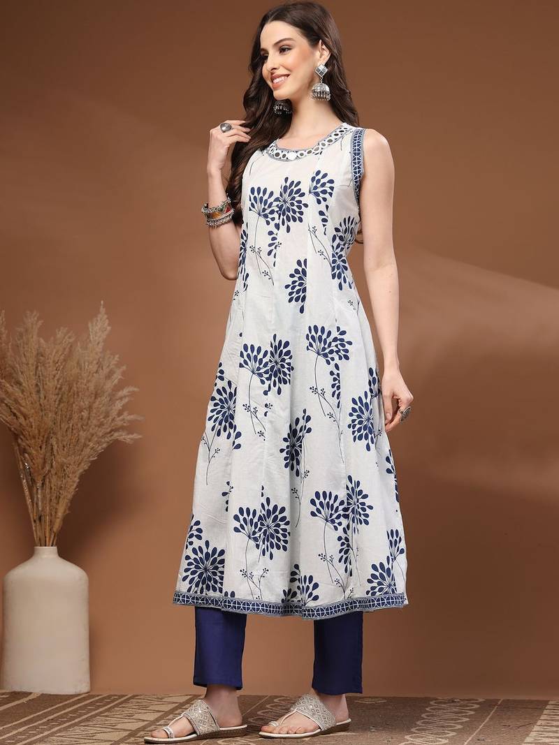 Womens white self design cotton fabric kurta set sleeveless round neck