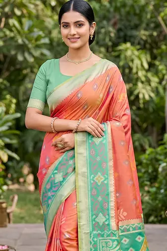 orange pochampalli silk blend saree 