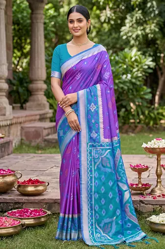 violet pochampalli silk blend saree 