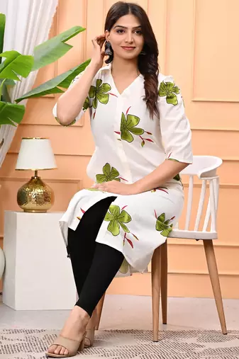 Womens green self design cotton fabric kurtis 3/4 sleeves v-neck