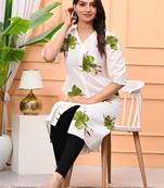 Womens green self design cotton fabric kurtis 3/4 sleeves v-neck
