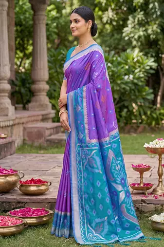 violet pochampalli silk blend saree 