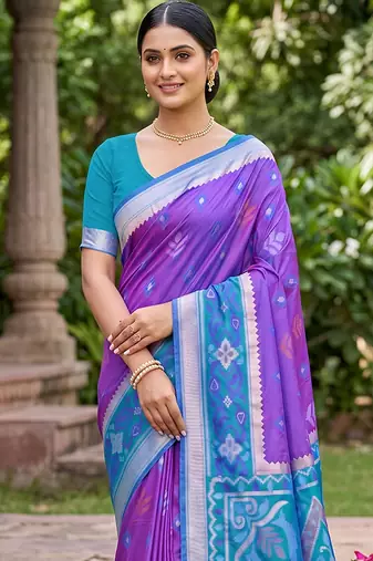 violet pochampalli silk blend saree 