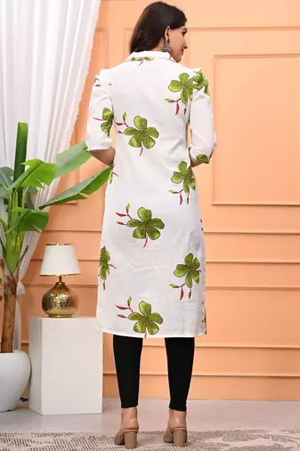 Womens green self design cotton fabric kurtis 3/4 sleeves v-neck