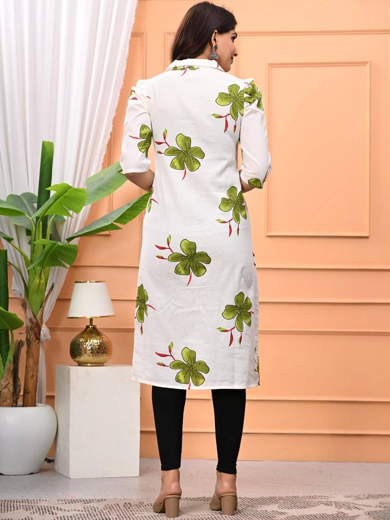 Womens green self design cotton fabric kurtis 3/4 sleeves v-neck
