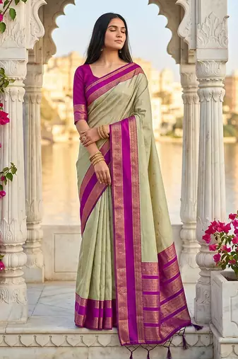 beige & rani pink soft silk blend saree