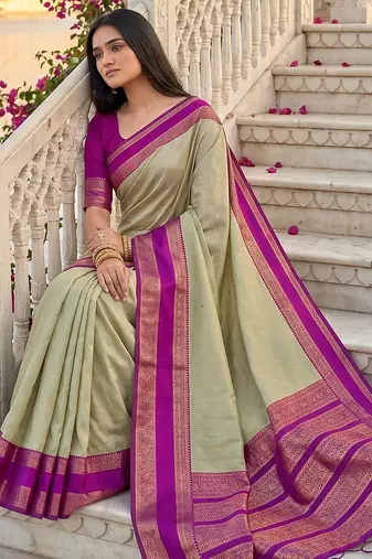 beige & rani pink soft silk blend saree