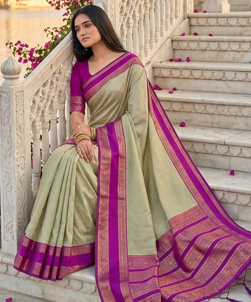 beige & rani pink soft silk blend saree