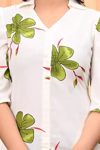Womens green self design cotton fabric kurtis 3/4 sleeves v-neck