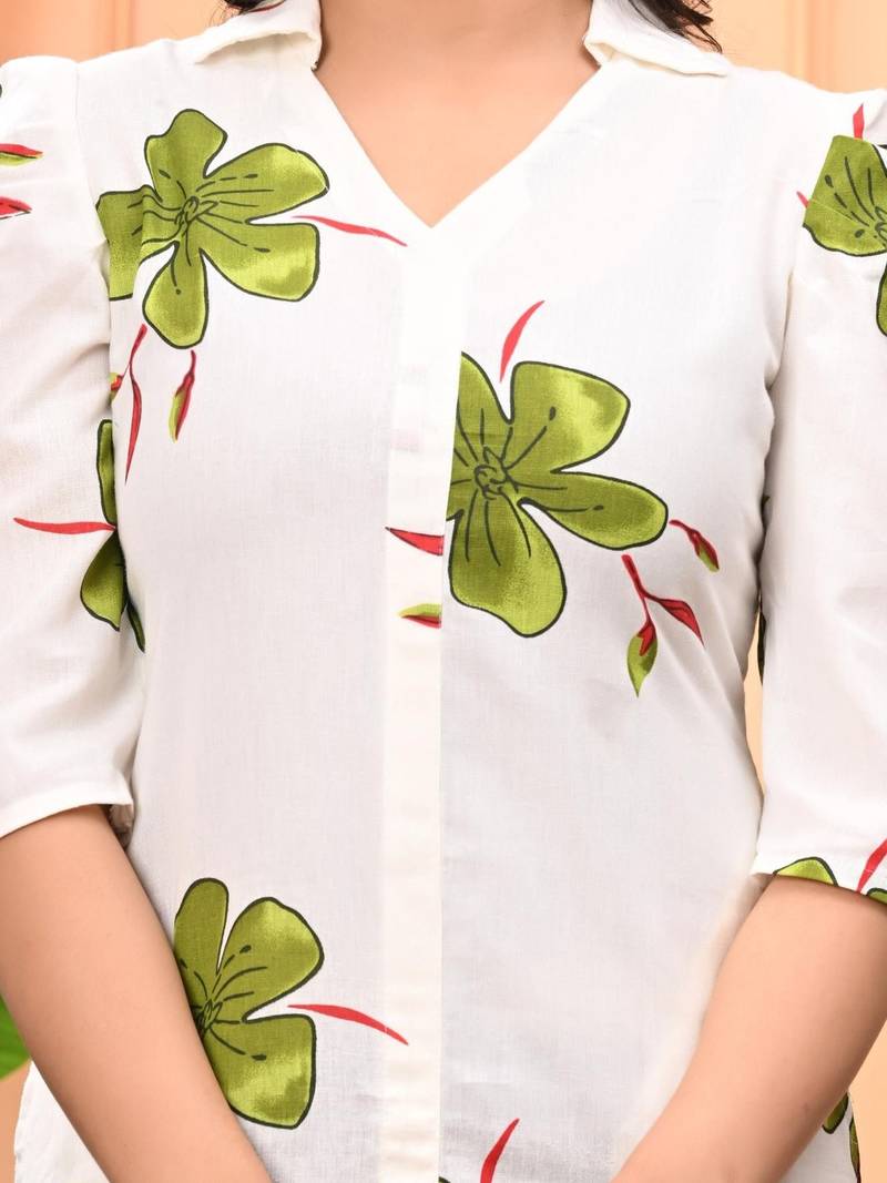 Womens green self design cotton fabric kurtis 3/4 sleeves v-neck