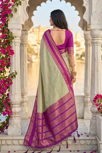 beige & rani pink soft silk blend saree