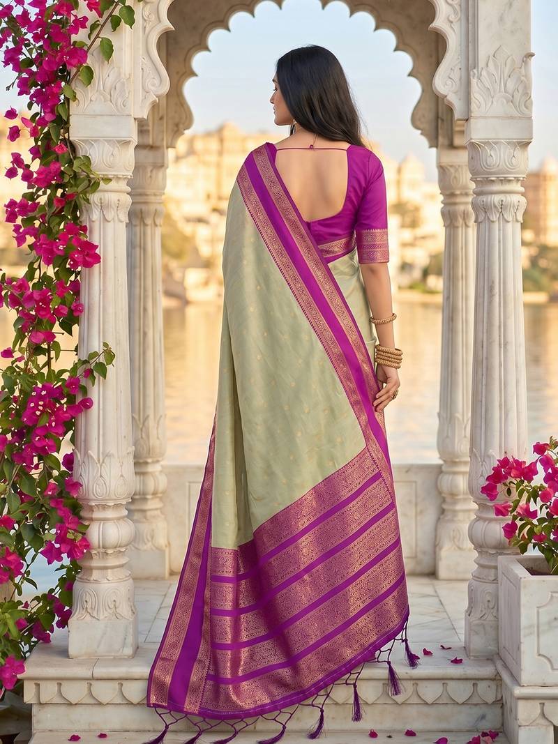 beige & rani pink soft silk blend saree