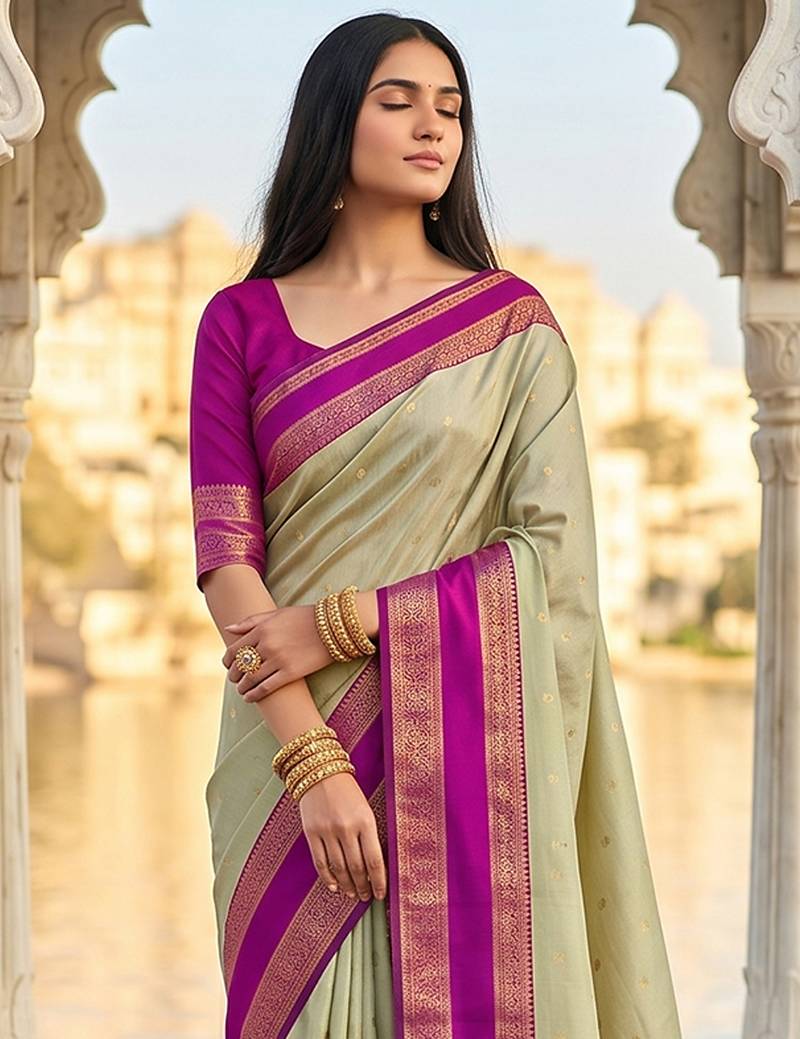 beige & rani pink soft silk blend saree