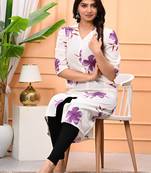 Womens purple self design cotton fabric kurtis 3/4 sleeves v-neck