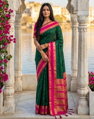dark green & rani pink soft silk blend saree for women 1