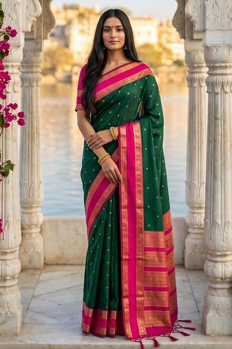 dark green & rani pink soft silk blend saree for women