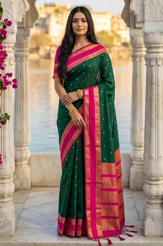 dark green & rani pink soft silk blend saree for women