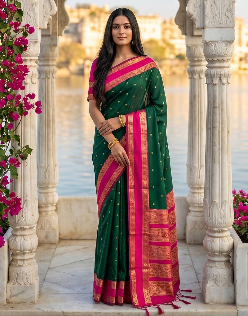 dark green & rani pink soft silk blend saree for women