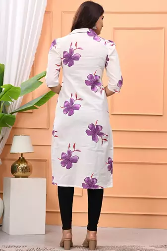 Womens purple self design cotton fabric kurtis 3/4 sleeves v-neck