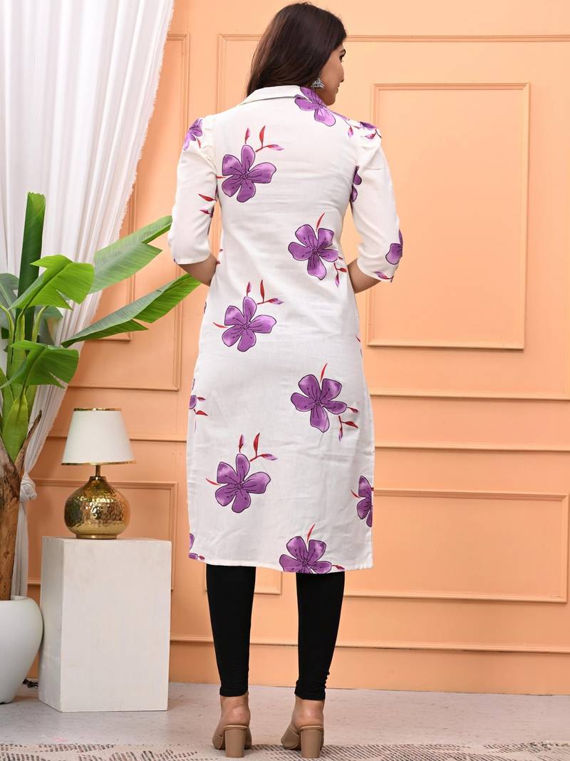 Womens purple self design cotton fabric kurtis 3/4 sleeves v-neck