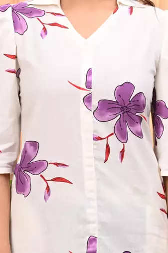 Womens purple self design cotton fabric kurtis 3/4 sleeves v-neck