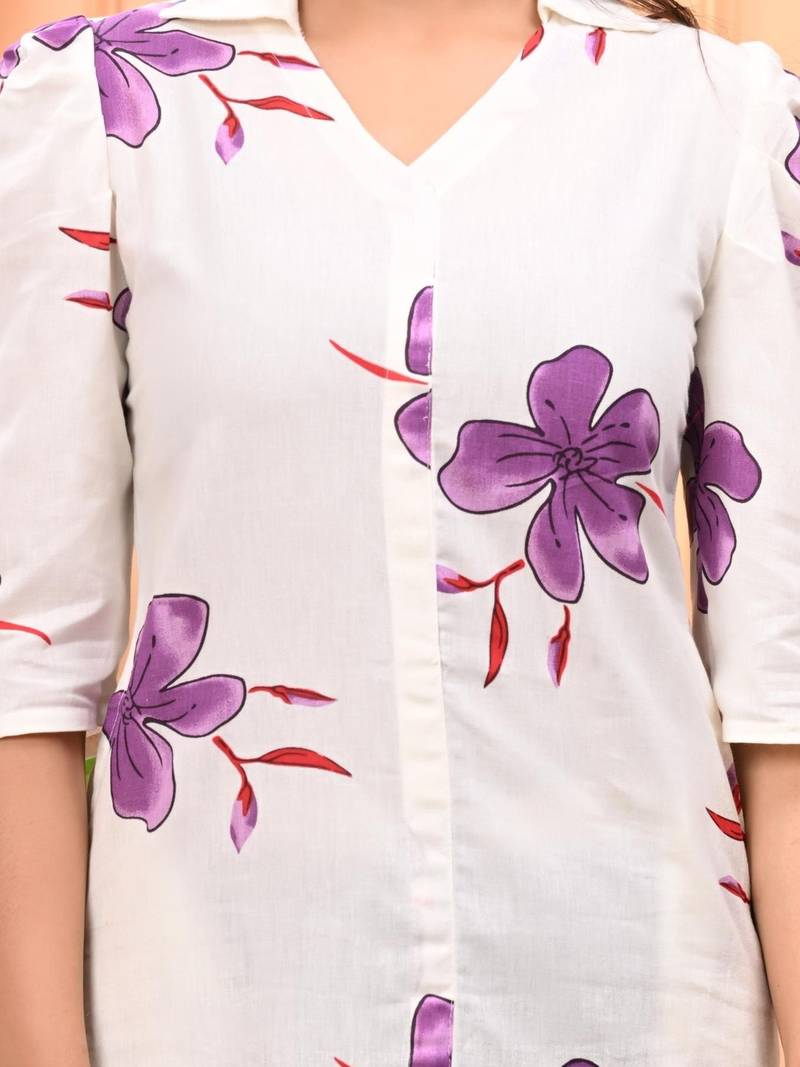 Womens purple self design cotton fabric kurtis 3/4 sleeves v-neck
