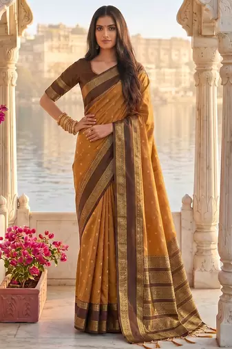 mustard & dark brown soft silk blend saree for women