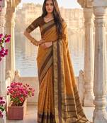 mustard & dark brown soft silk blend saree for women